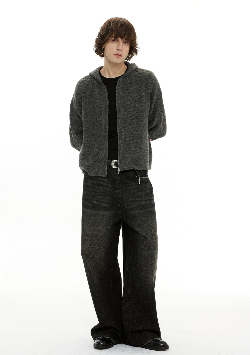 Zigzag Pattern Two Way Zip Knit Hoodie Jacket