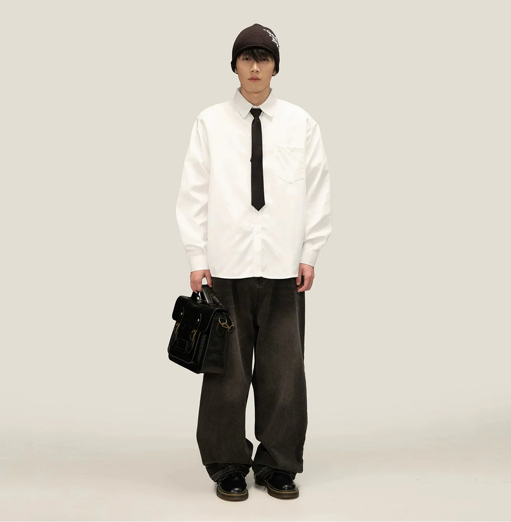 Boxy Long Sleeve Button-Up Shirt with Detachable Tie