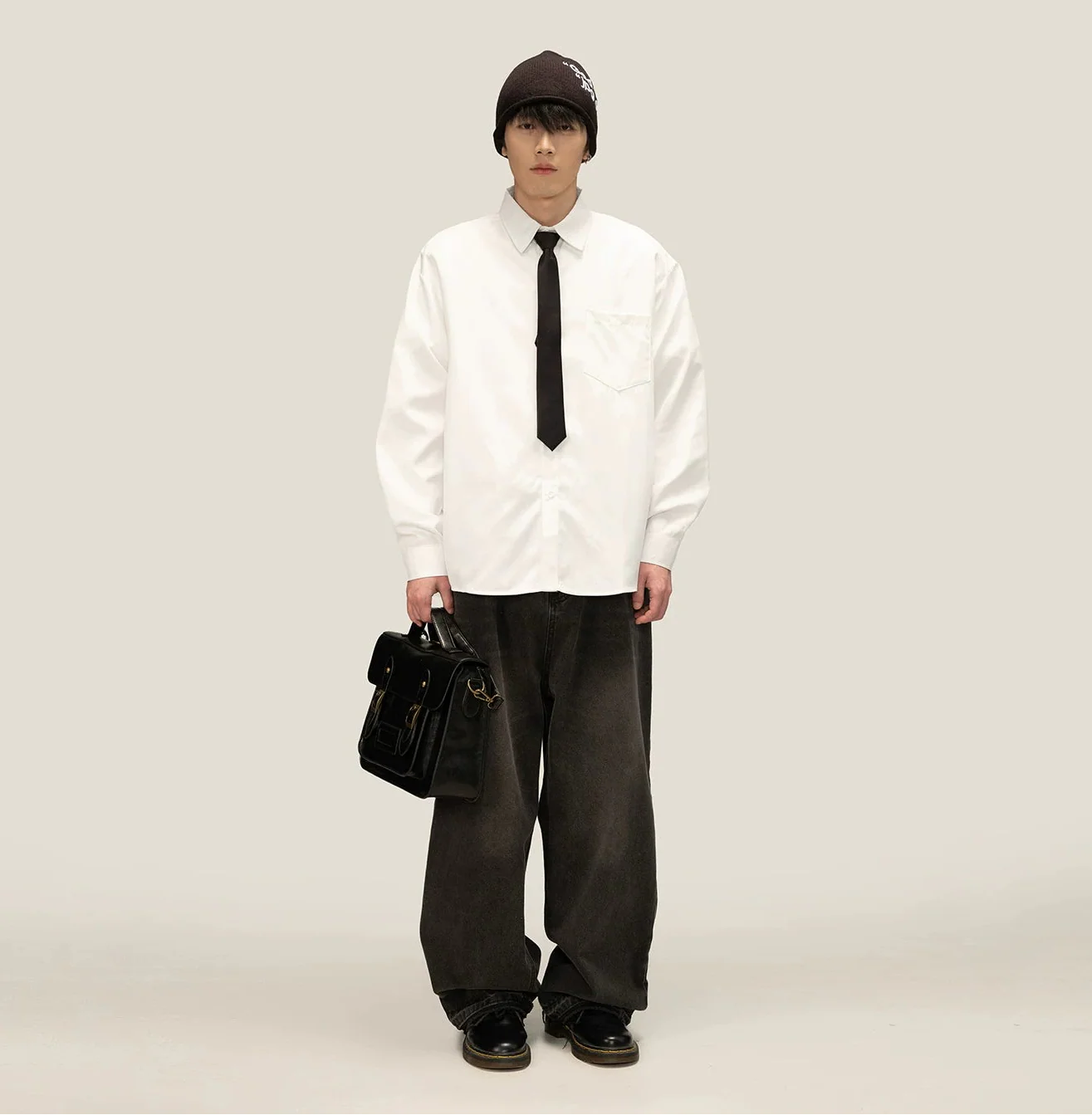 Boxy Long Sleeve Button-Up Shirt with Detachable Tie