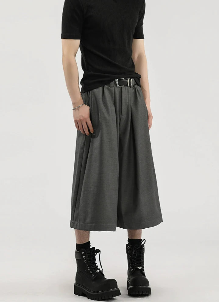 Wide Leg Pleated Bermuda Shorts with Belt Loops