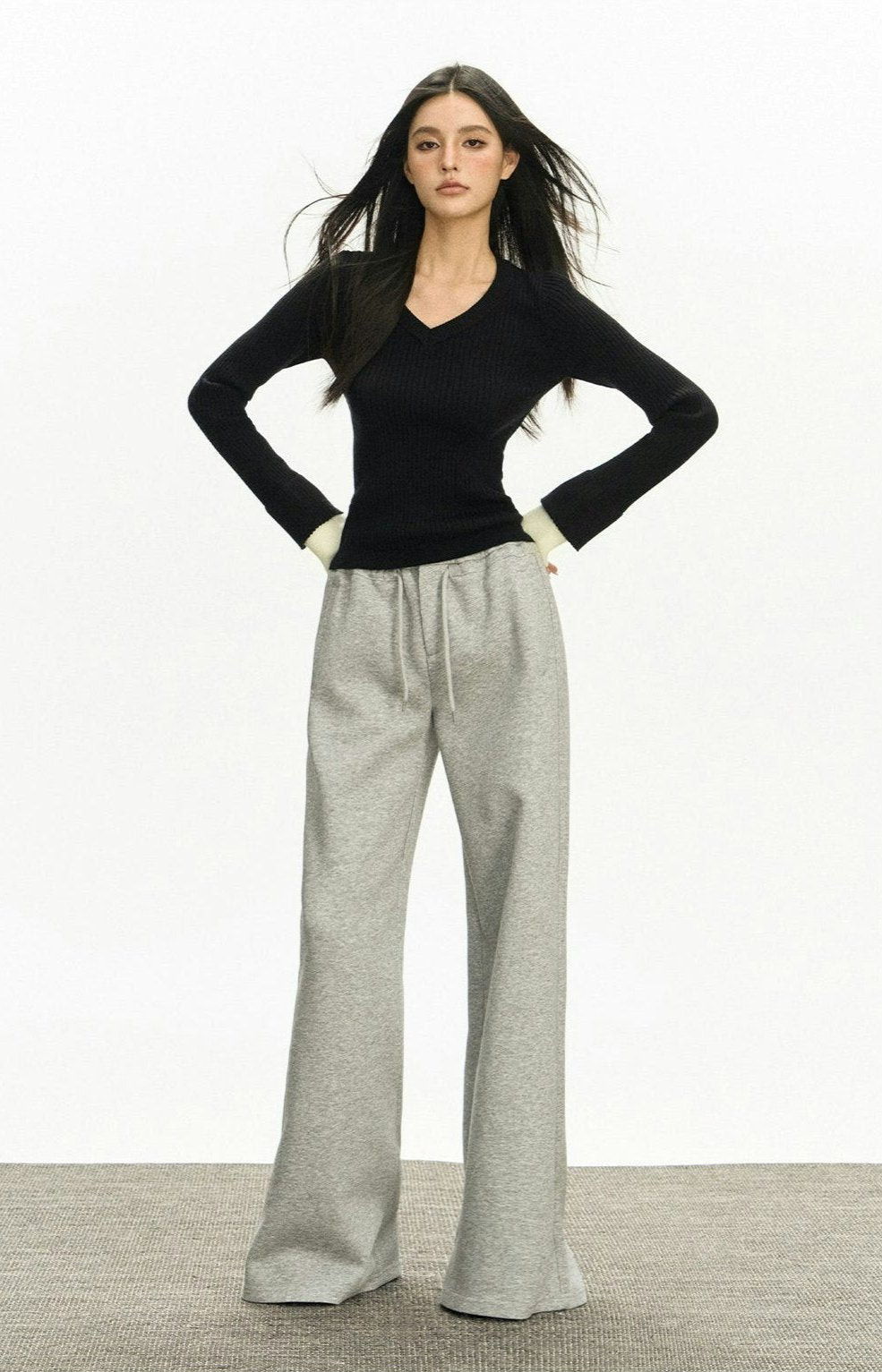Ribbed V-Neck Two Tone Long Sleeve Knit Top