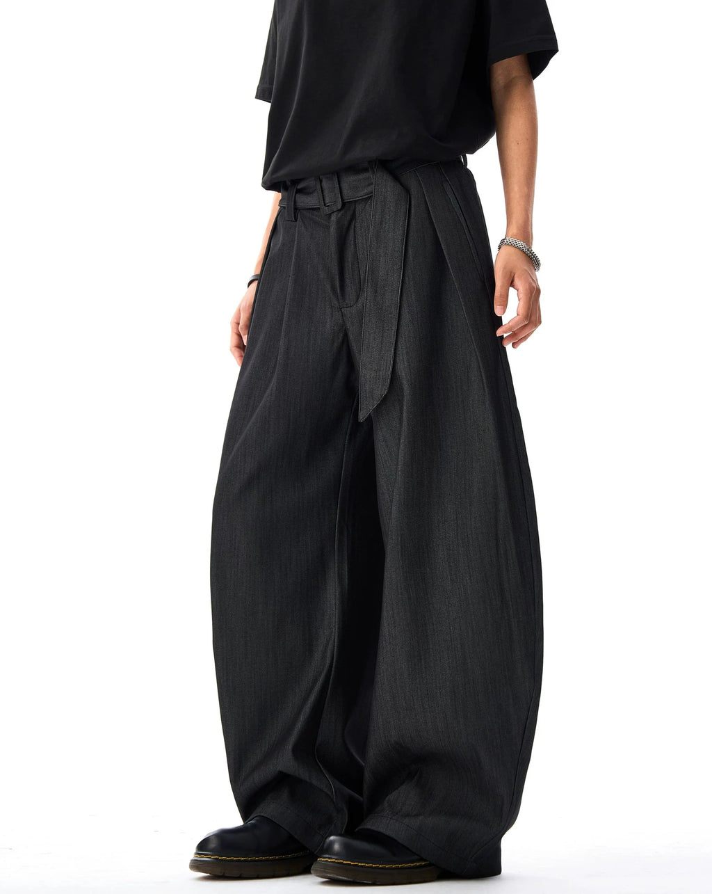 Wide Leg Pleated Belted Trousers with Subtle Sheen
