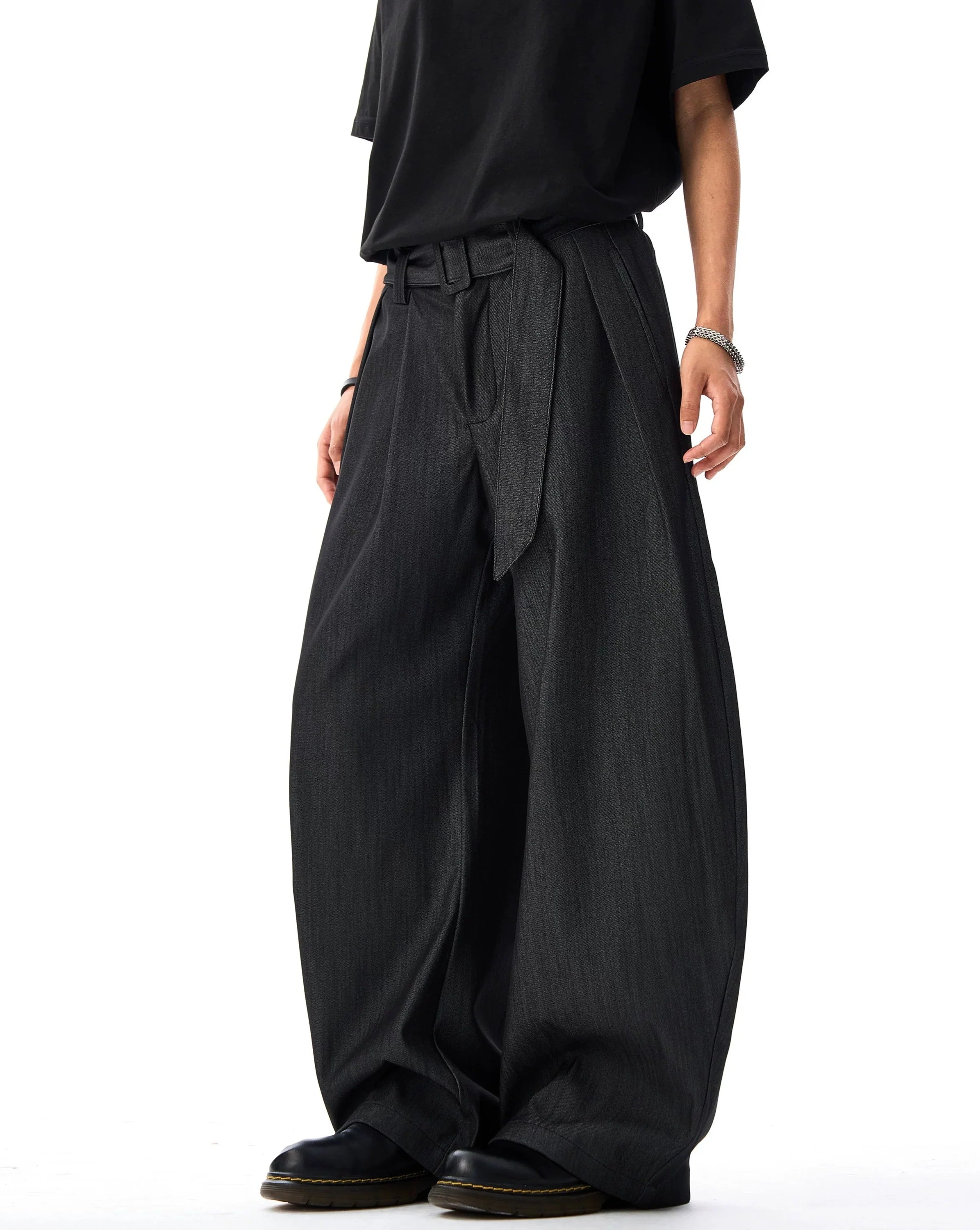 Wide Leg Pleated Belted Trousers with Subtle Sheen