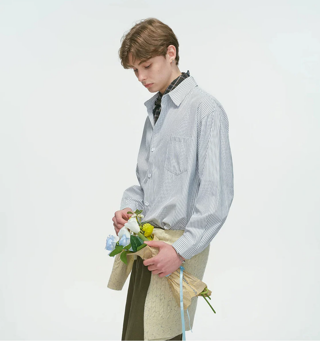 Drop Shoulder Pinstripe Long Sleeve Button-Up Shirt
