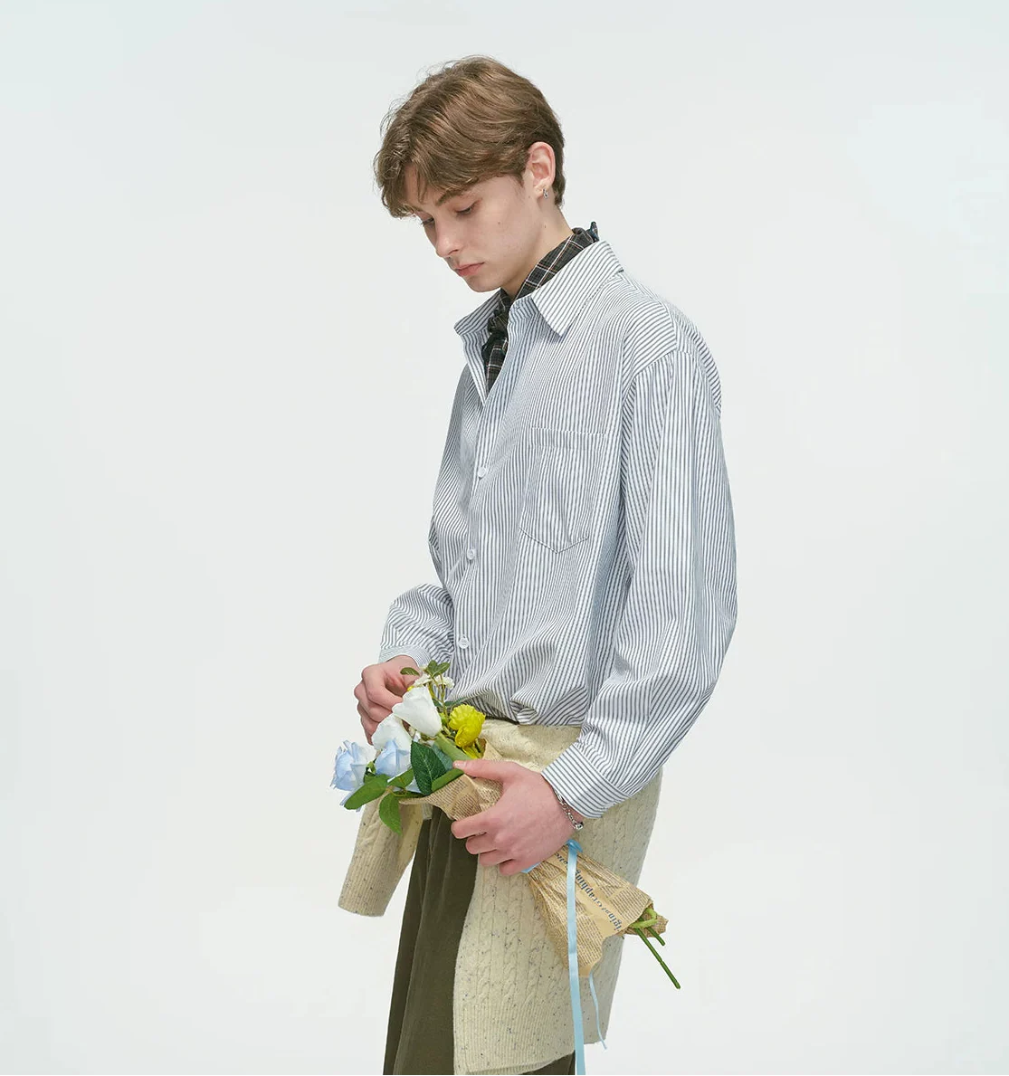 Drop Shoulder Pinstripe Long Sleeve Button-Up Shirt