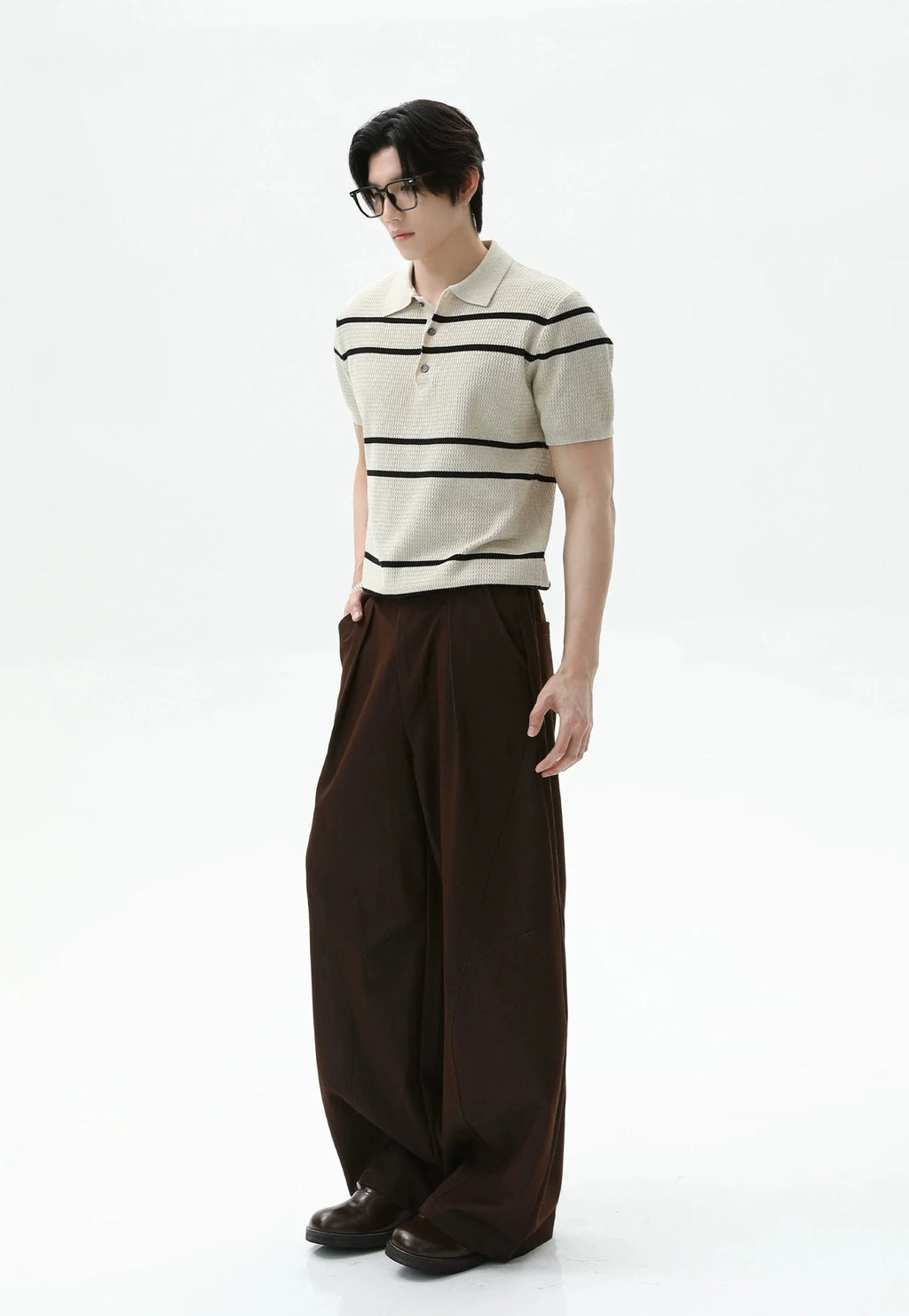 Textured Knit Polo Shirt with Horizontal Stripes