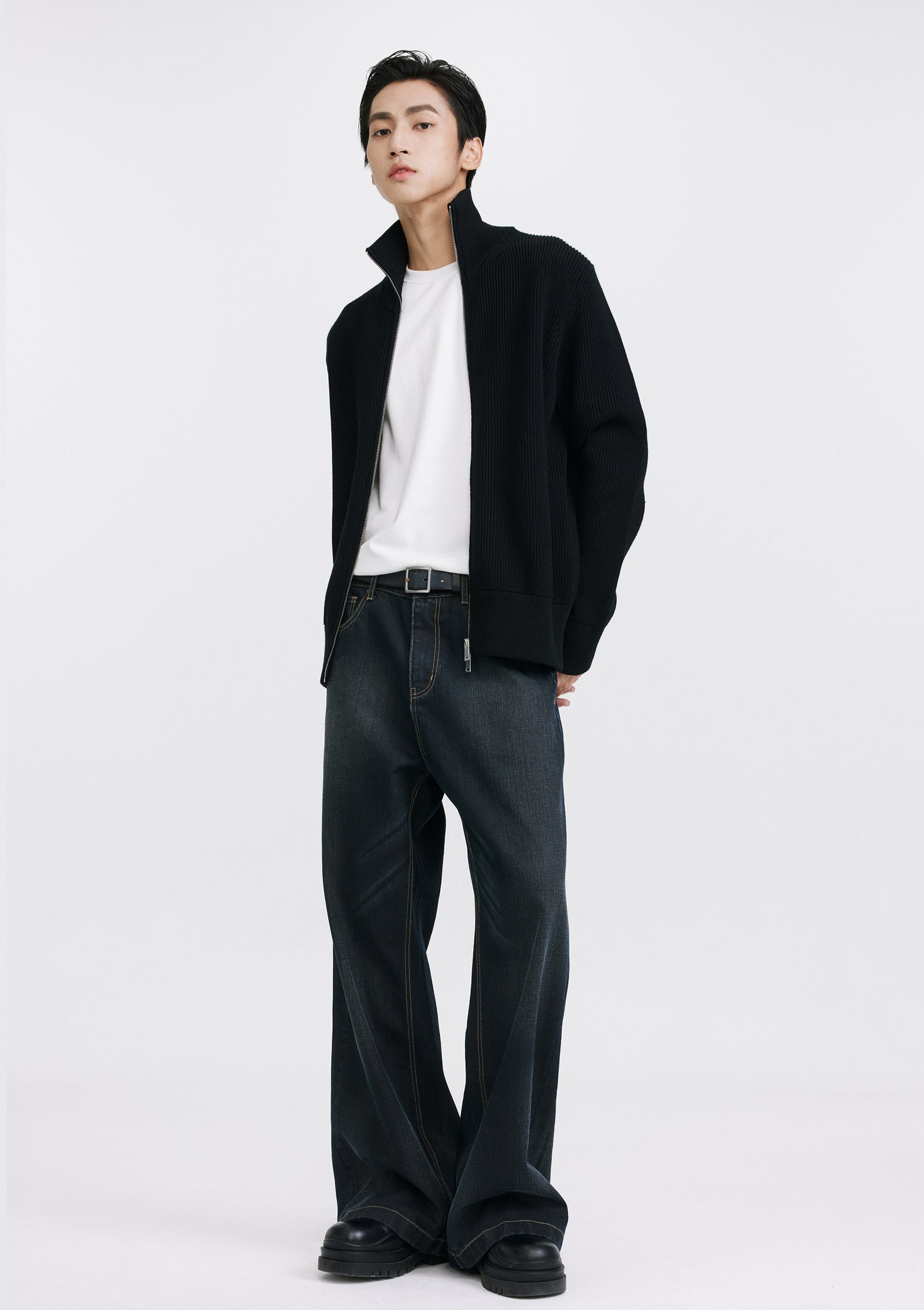 Ribbed Knit Double Zip Jacket with Stand Collar
