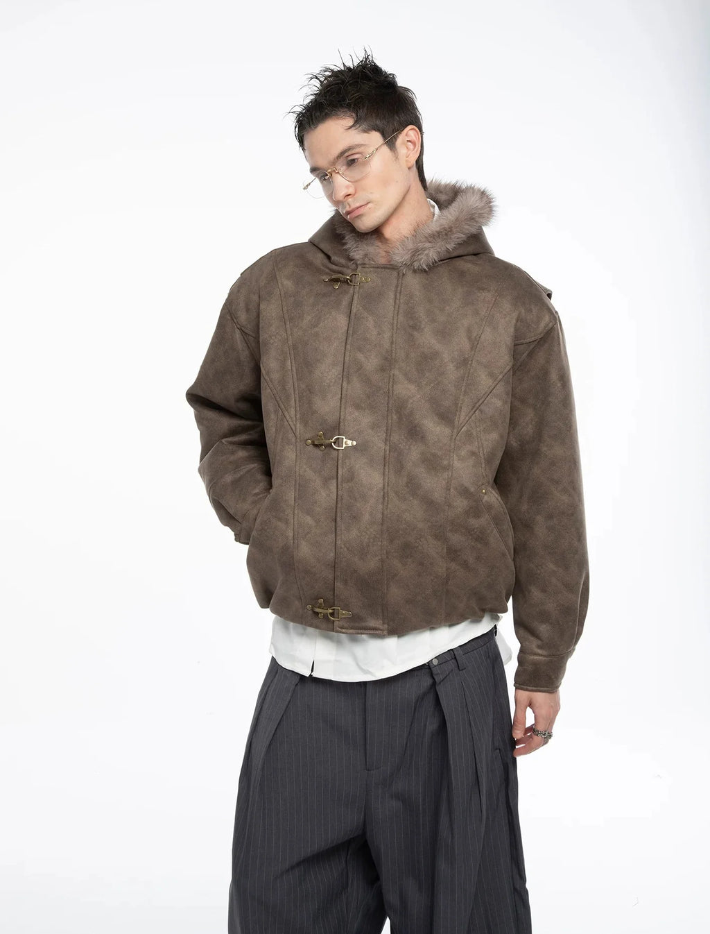 Fireman Buckle Hooded Faux Fur Trim Leather Jacket