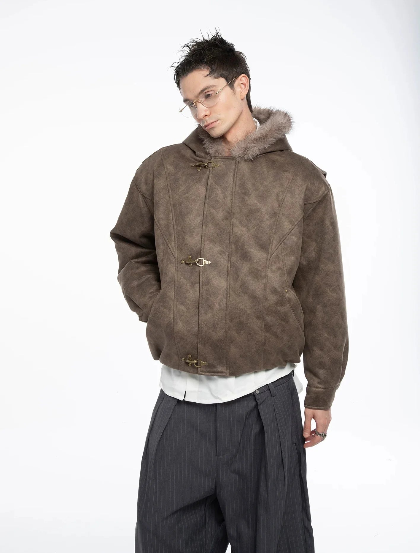 Fireman Buckle Hooded Faux Fur Trim Leather Jacket
