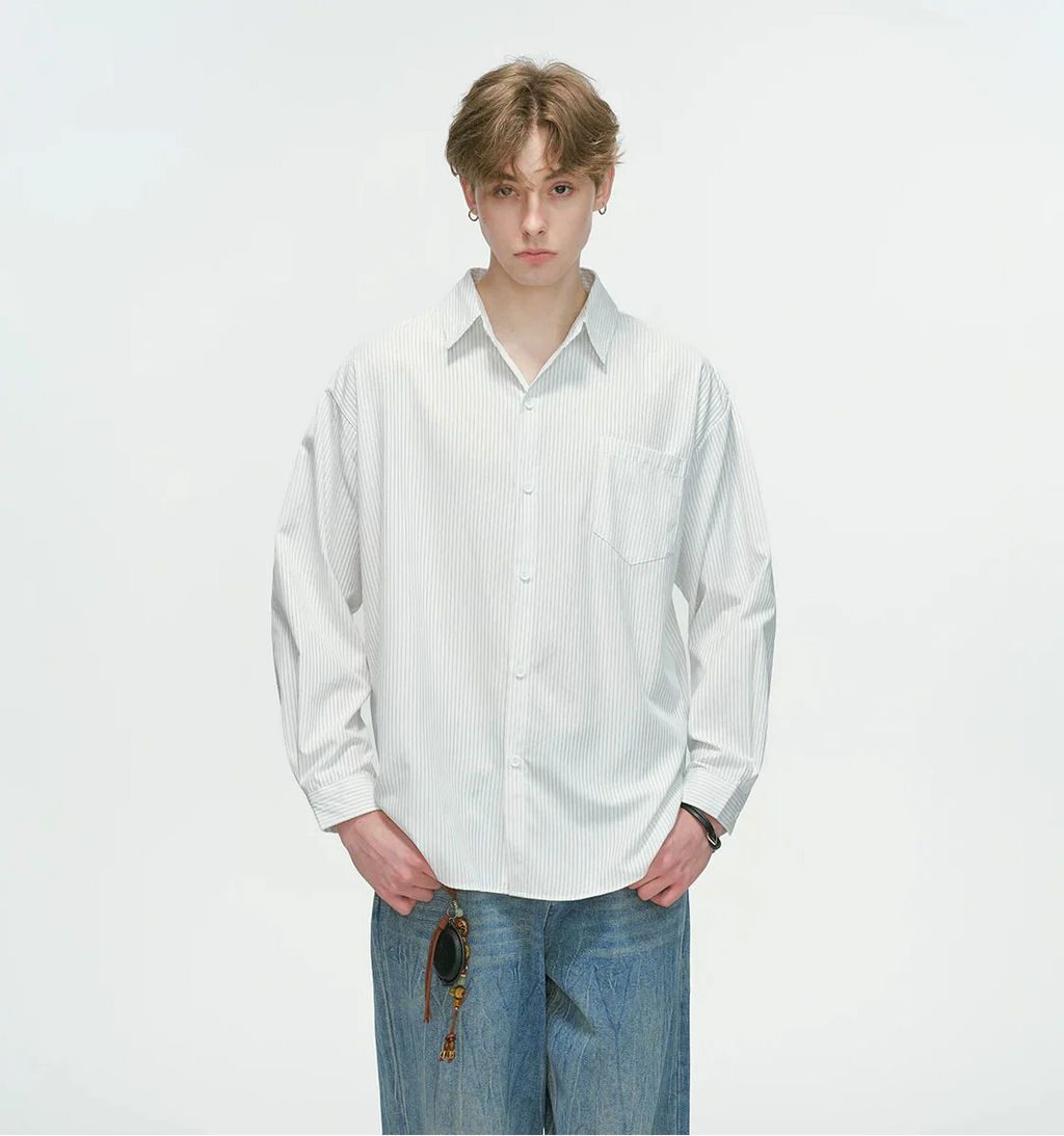 Drop Shoulder Pinstripe Long Sleeve Button-Up Shirt