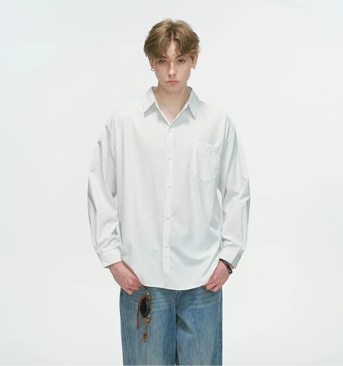 Drop Shoulder Pinstripe Long Sleeve Button-Up Shirt