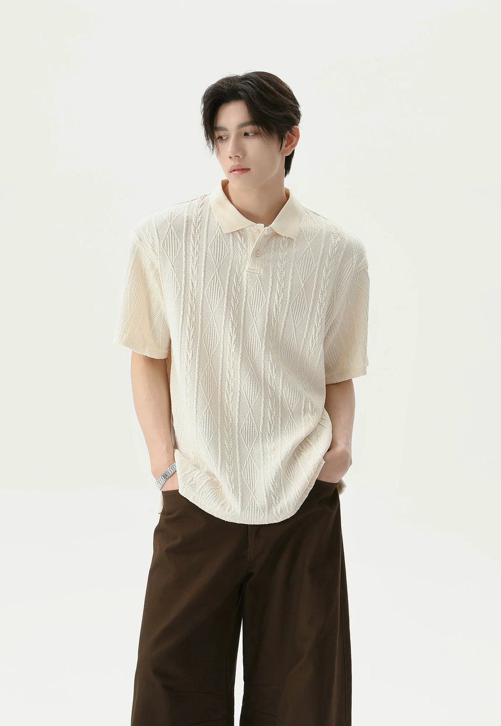 Textured Cable Knit Short Sleeve Polo Shirt