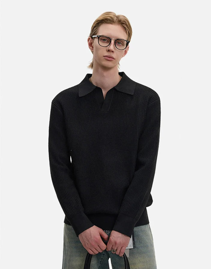 Waffle Textured Long Sleeve Polo Shirt