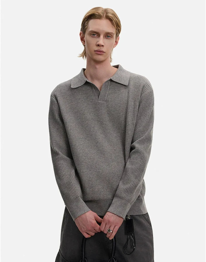Waffle Textured Long Sleeve Polo Shirt