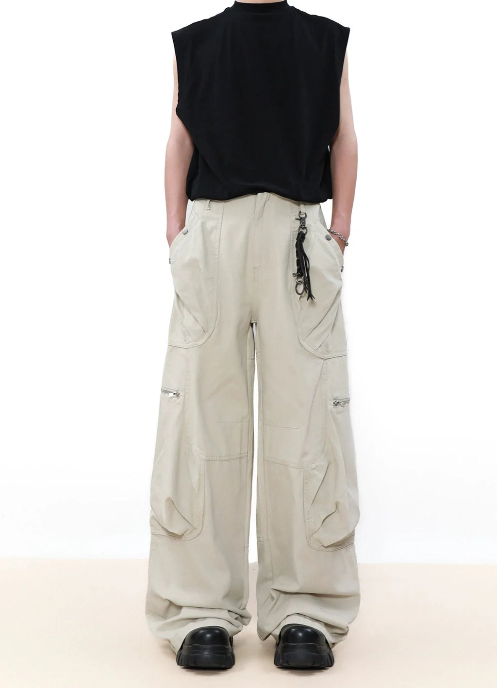 Wide Leg Cargo Pants with Oversized Pleated Pockets