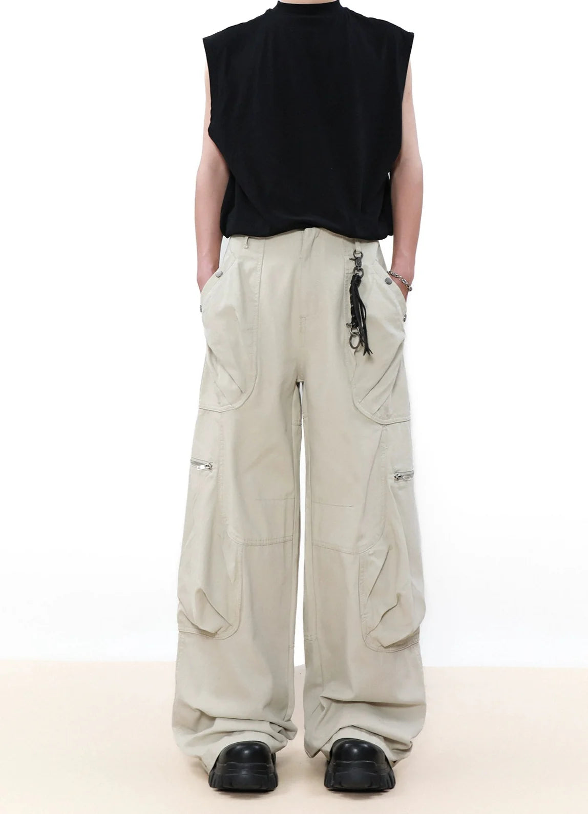 Wide Leg Cargo Pants with Oversized Pleated Pockets