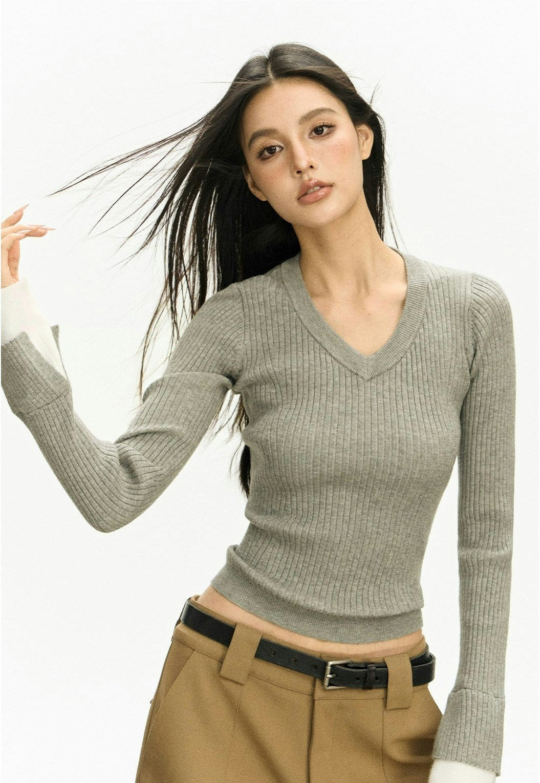 Ribbed V-Neck Two Tone Long Sleeve Knit Top