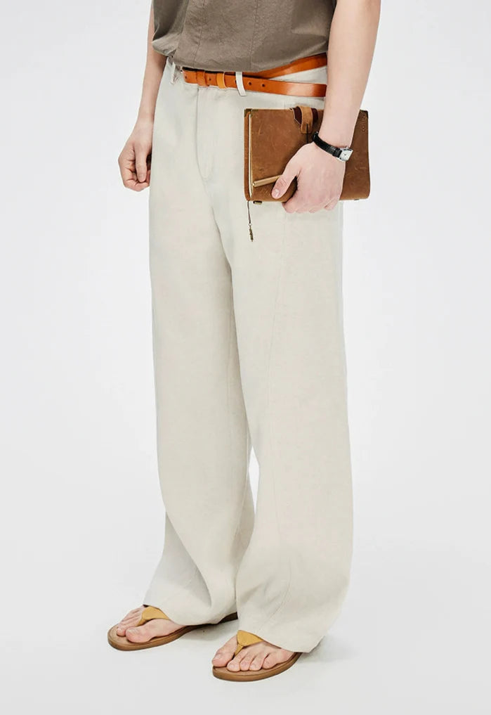 Straight Leg Linen-Blend Contrast Stitch Pants