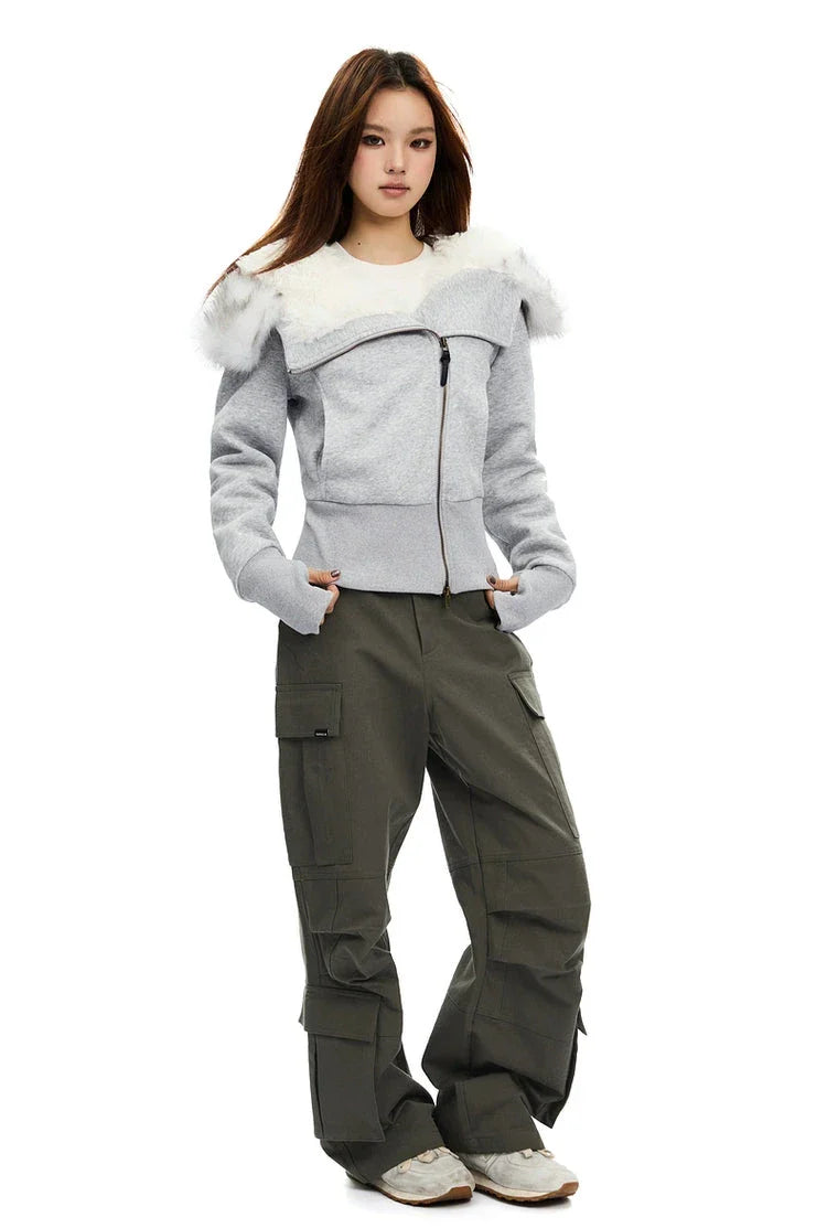 Fleece-Lined Hooded Jacket with Faux Fur Trim