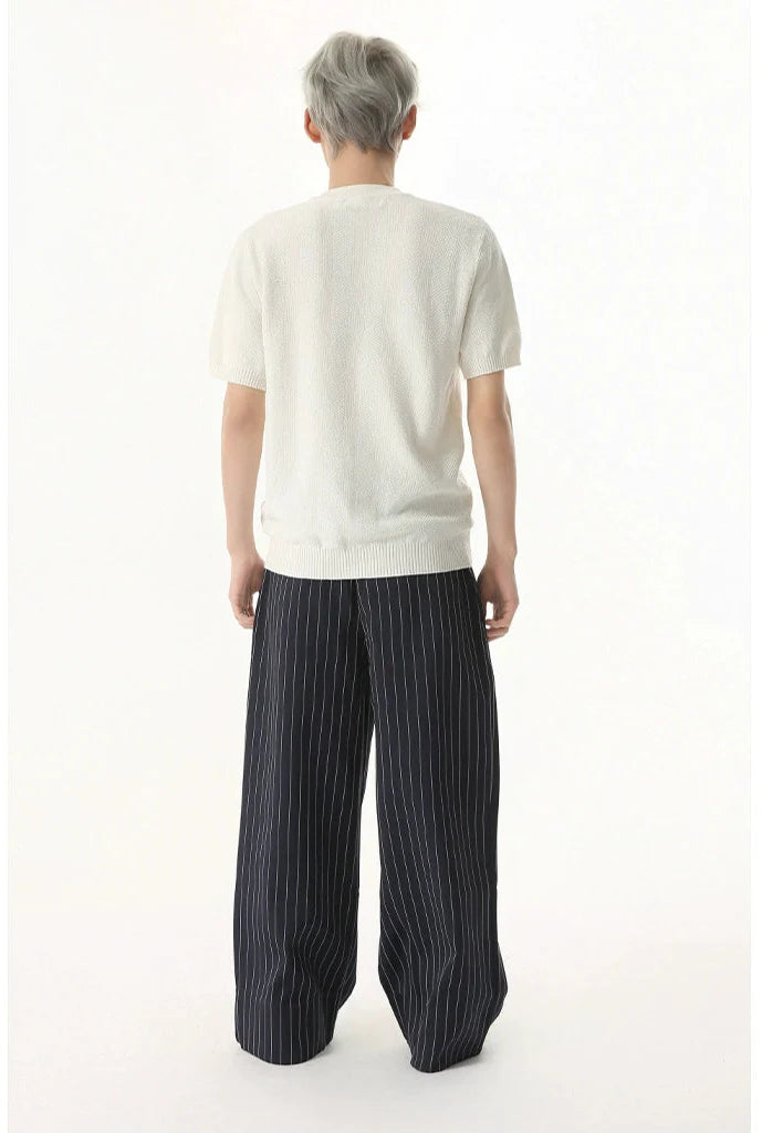 Mock Two-Piece Pinstripe Wide Leg Trousers with Elastic Waist