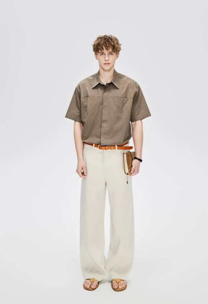 Straight Leg Linen-Blend Contrast Stitch Pants
