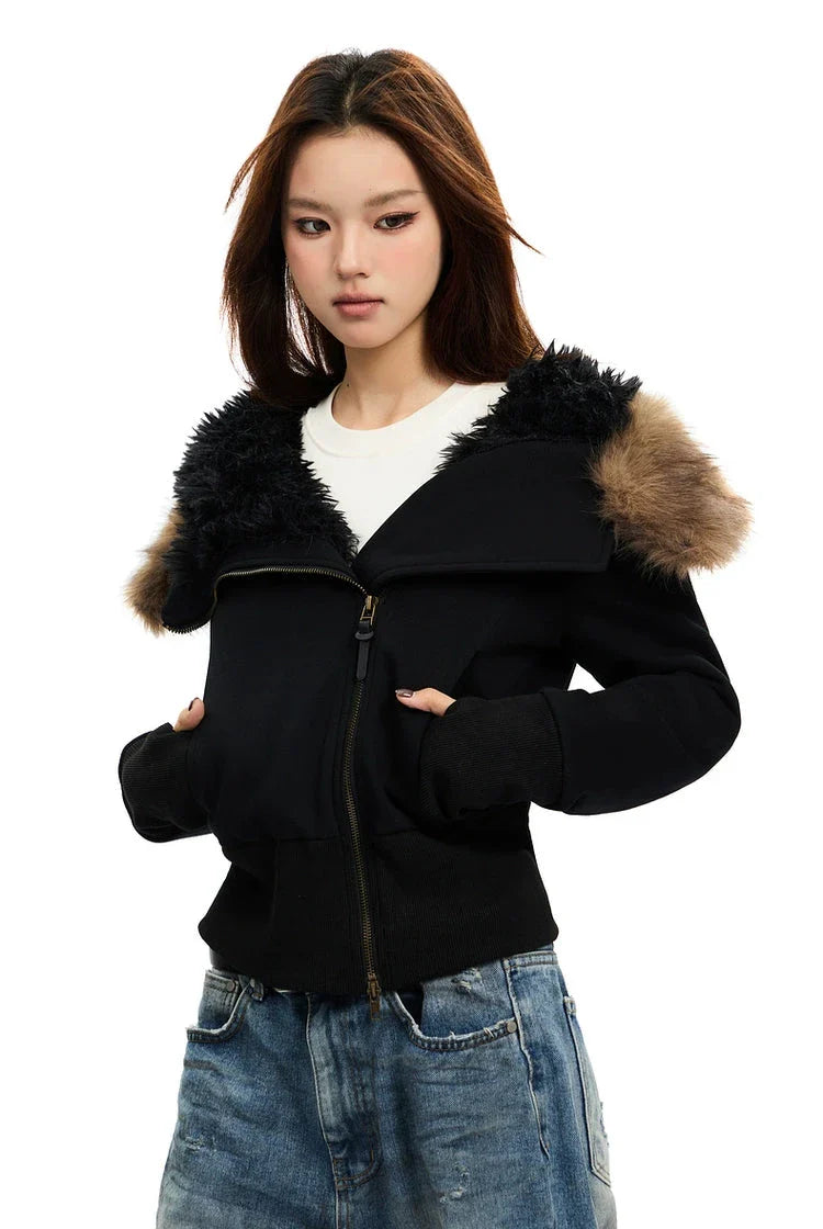 Fleece-Lined Hooded Jacket with Faux Fur Trim