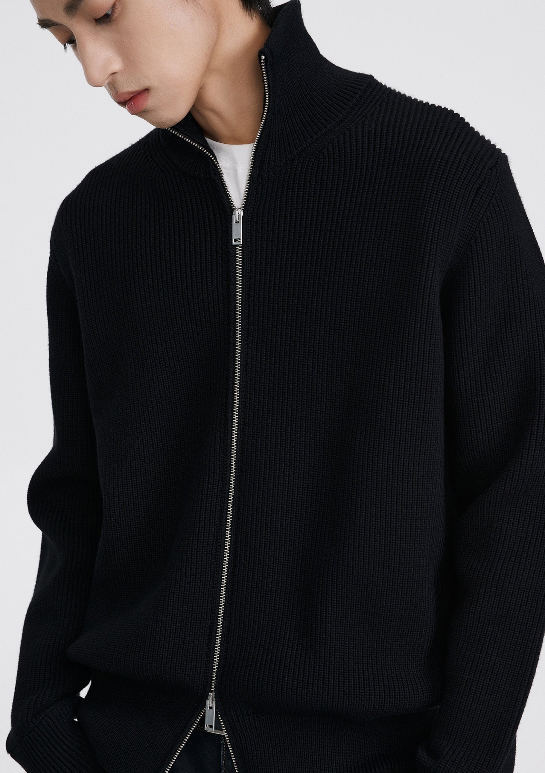 Ribbed Knit Double Zip Jacket with Stand Collar