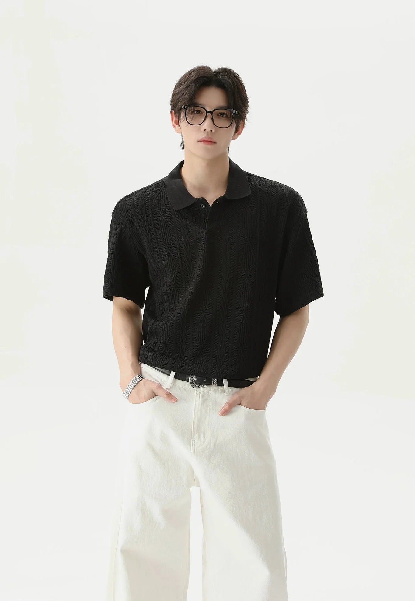 Textured Cable Knit Short Sleeve Polo Shirt