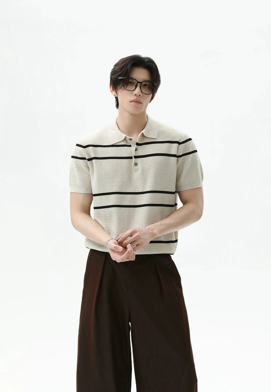 Textured Knit Polo Shirt with Horizontal Stripes