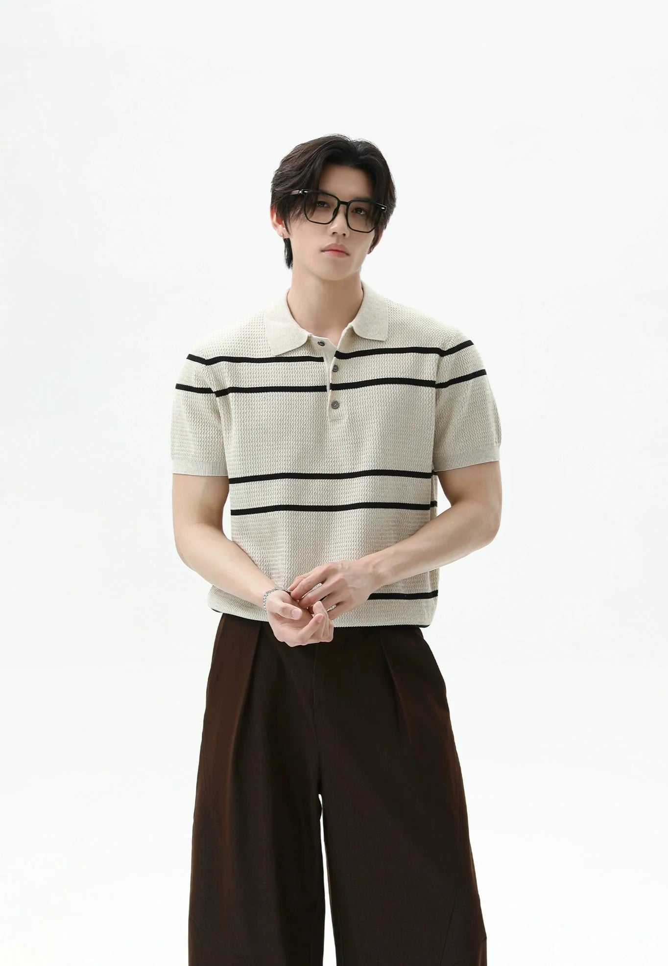 Textured Knit Polo Shirt with Horizontal Stripes