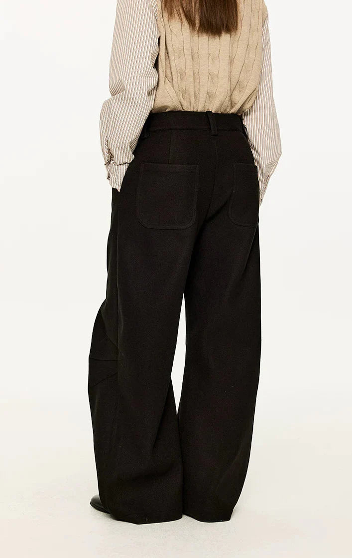Wide Leg Half-Pleated and Half Contrast Stitch Trousers