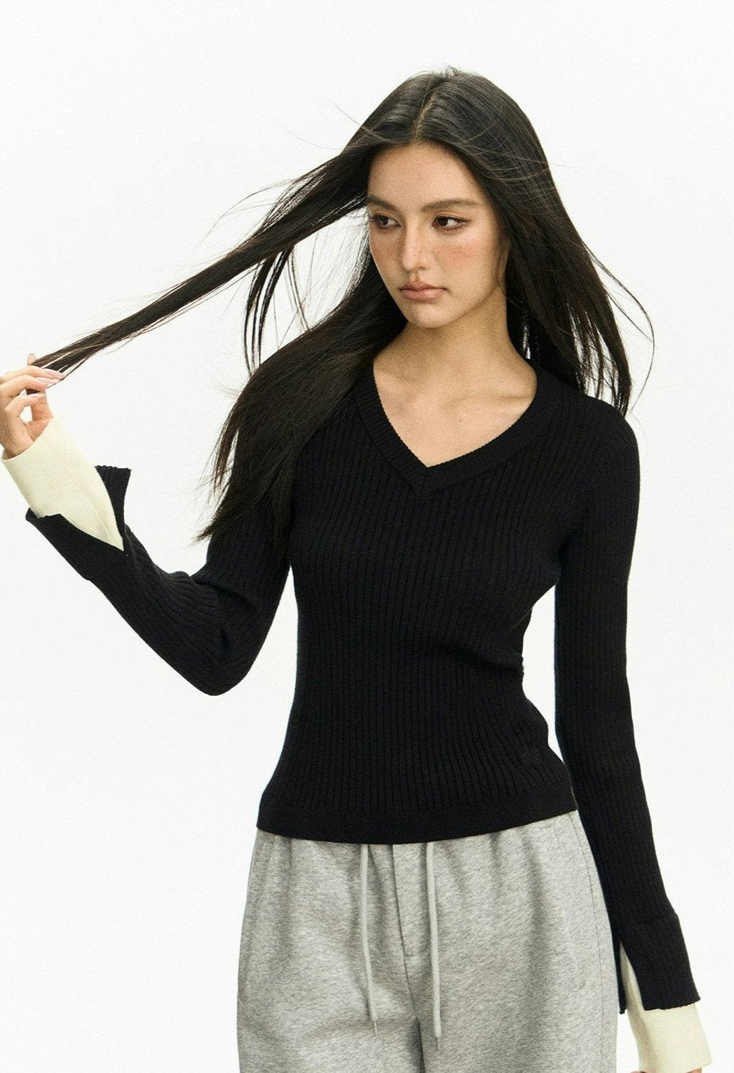 Ribbed V-Neck Two Tone Long Sleeve Knit Top