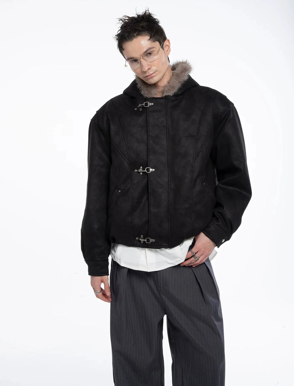 Fireman Buckle Hooded Faux Fur Trim Leather Jacket