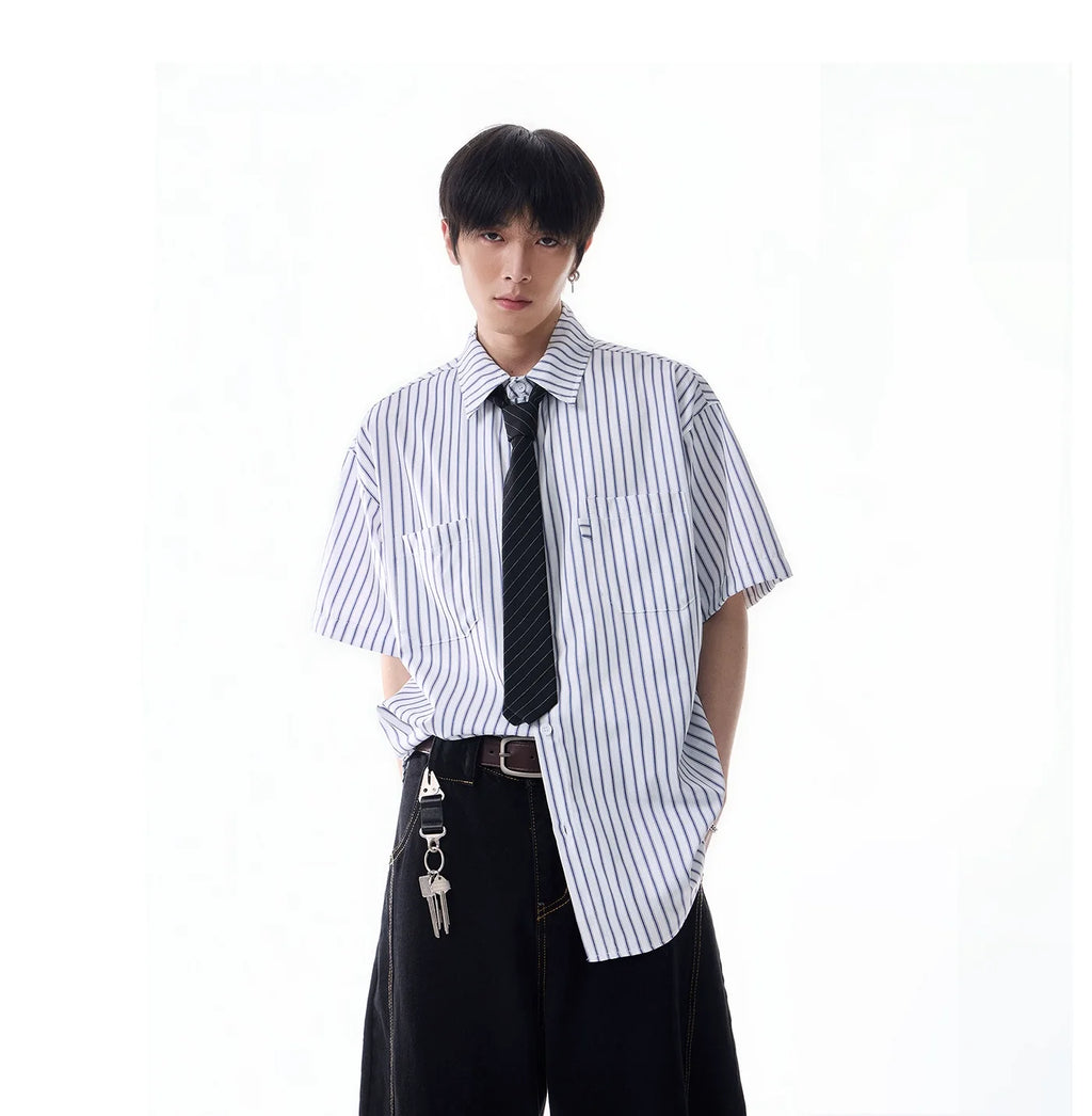 Oversized Stripe Short Sleeve Button Shirt with Chest Pockets