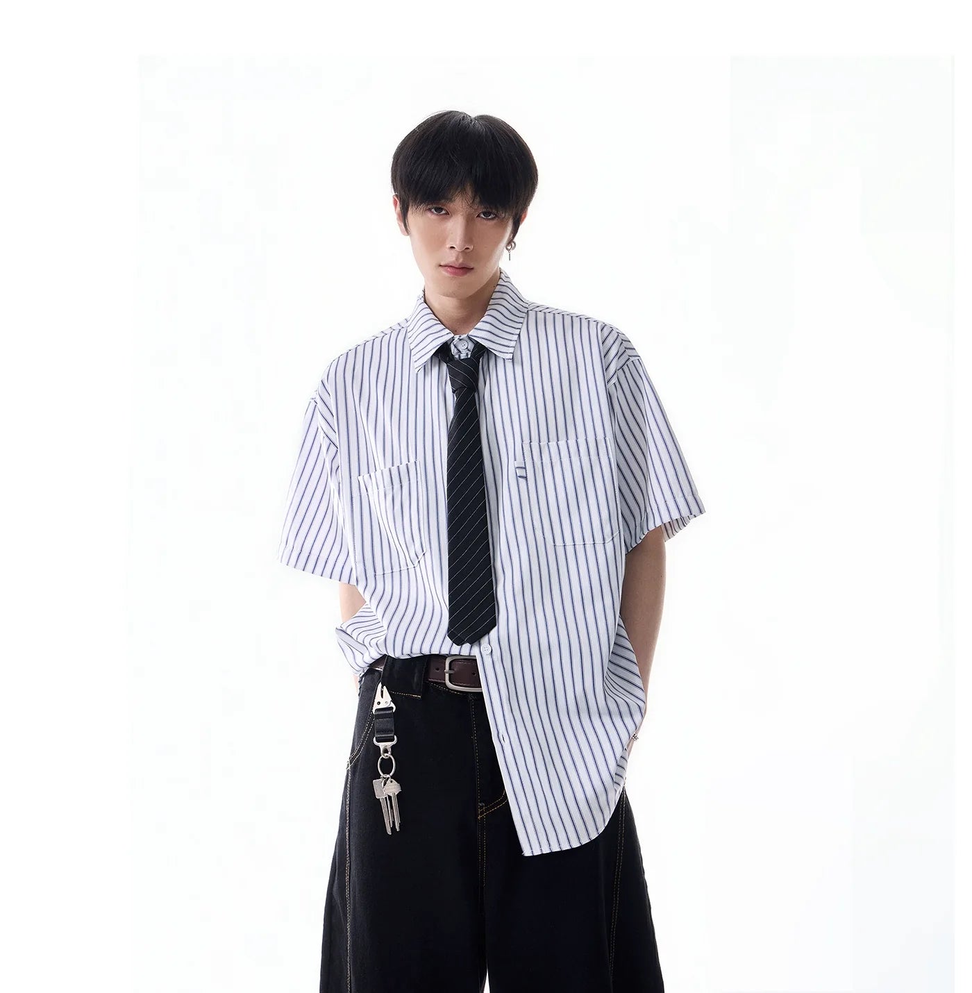 Oversized Stripe Short Sleeve Button Shirt with Chest Pockets