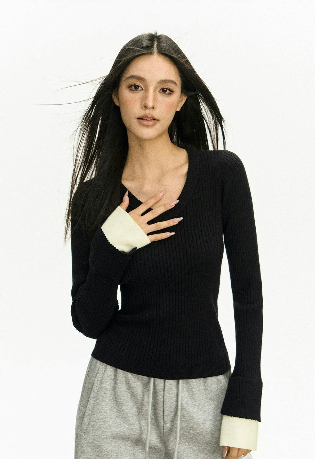 Ribbed V-Neck Two Tone Long Sleeve Knit Top
