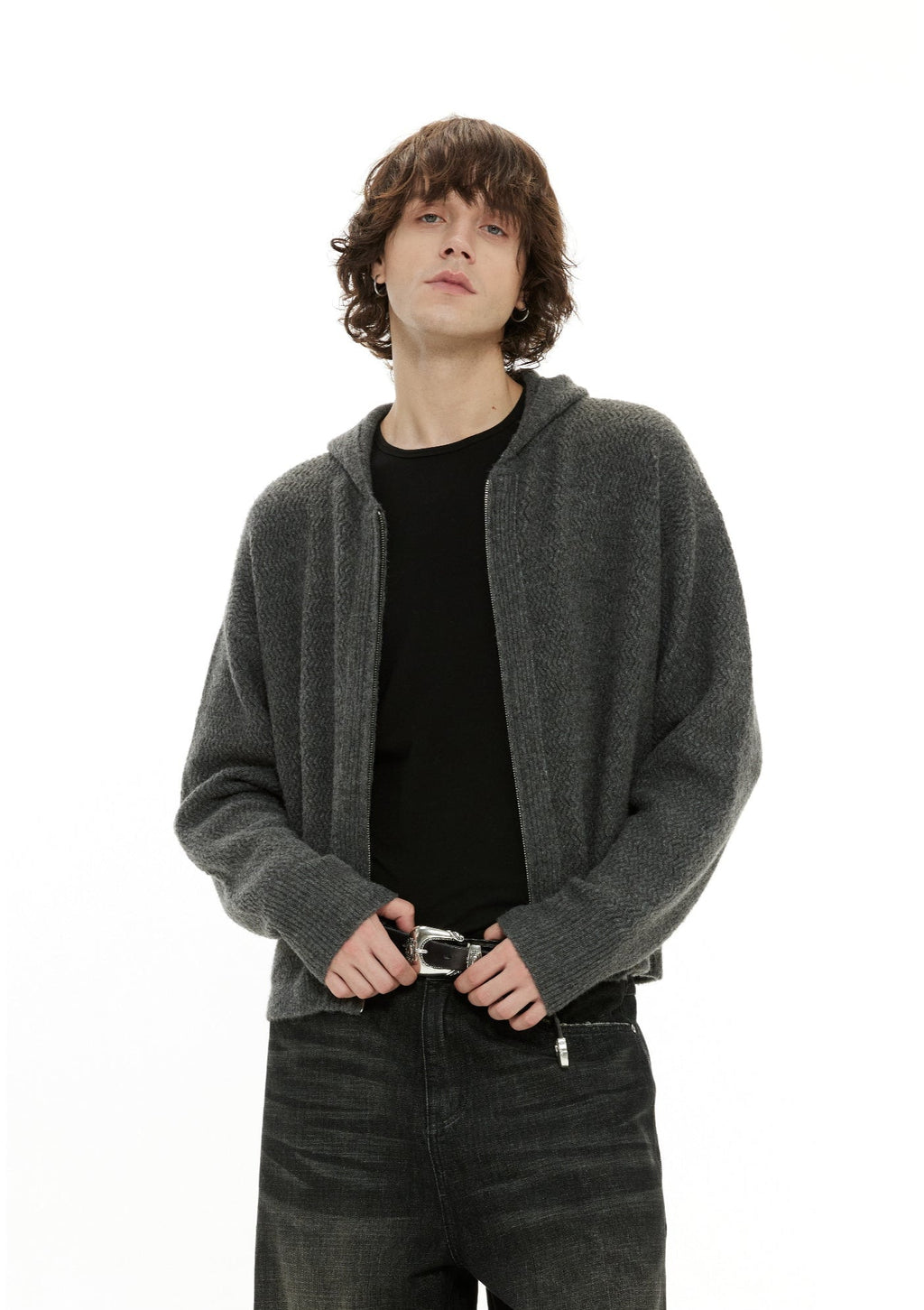 Zigzag Pattern Two Way Zip Knit Hoodie Jacket