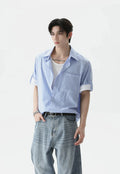 Pinstripe Contrast Short Sleeve Trim Button Shirt
