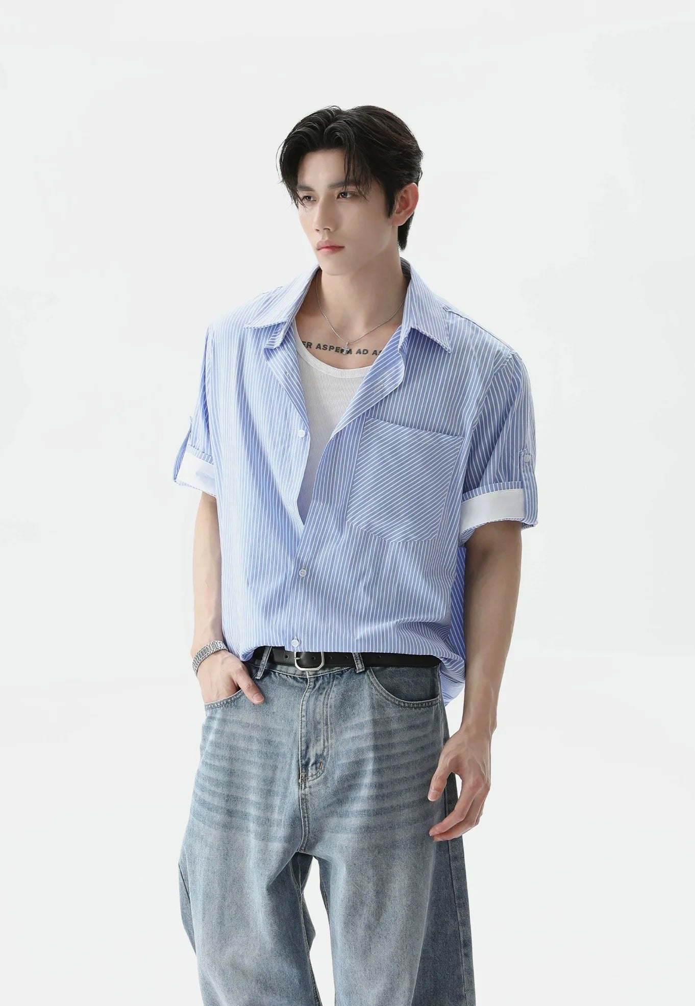 Pinstripe Contrast Short Sleeve Trim Button Shirt