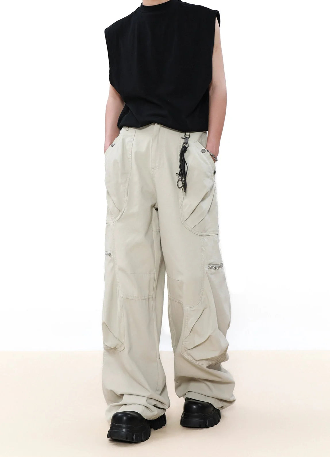 Wide Leg Cargo Pants with Oversized Pleated Pockets