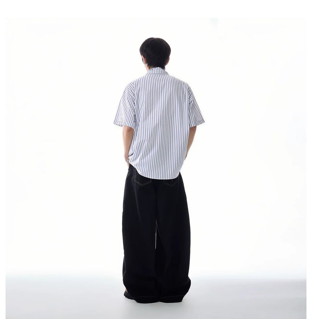 Oversized Stripe Short Sleeve Button Shirt with Chest Pockets