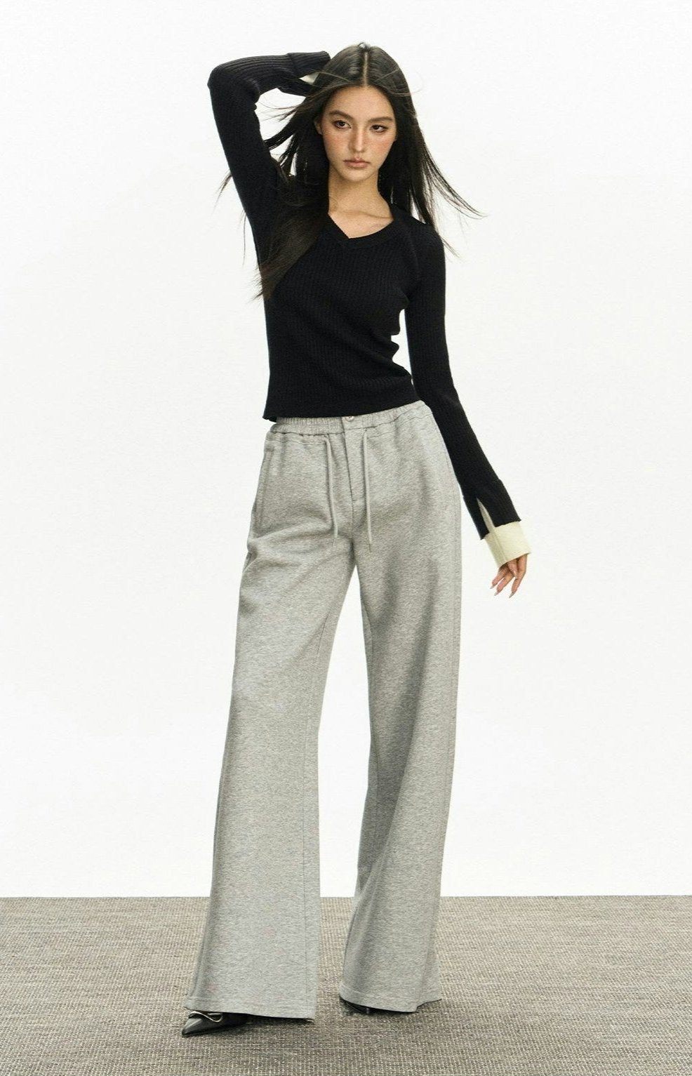Ribbed V-Neck Two Tone Long Sleeve Knit Top