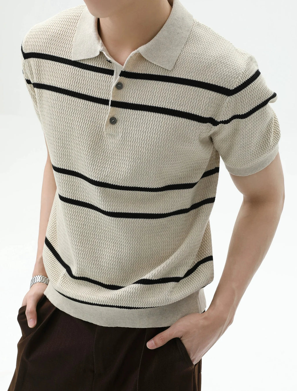 Textured Knit Polo Shirt with Horizontal Stripes