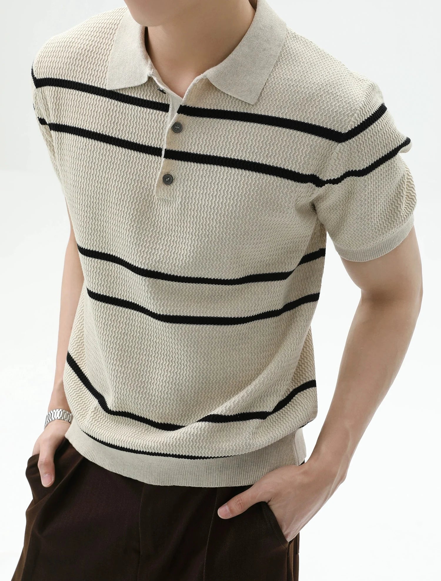 Textured Knit Polo Shirt with Horizontal Stripes