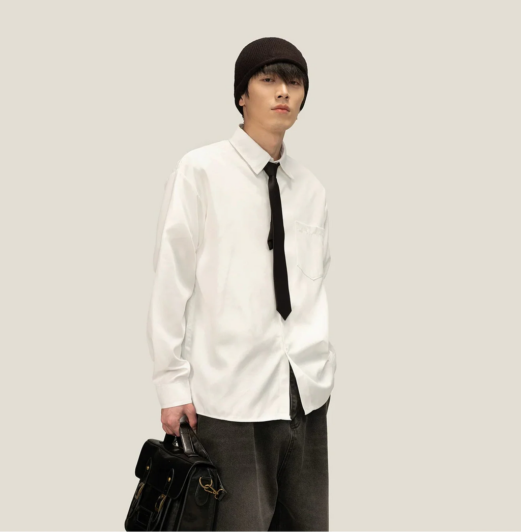 Boxy Long Sleeve Button-Up Shirt with Detachable Tie