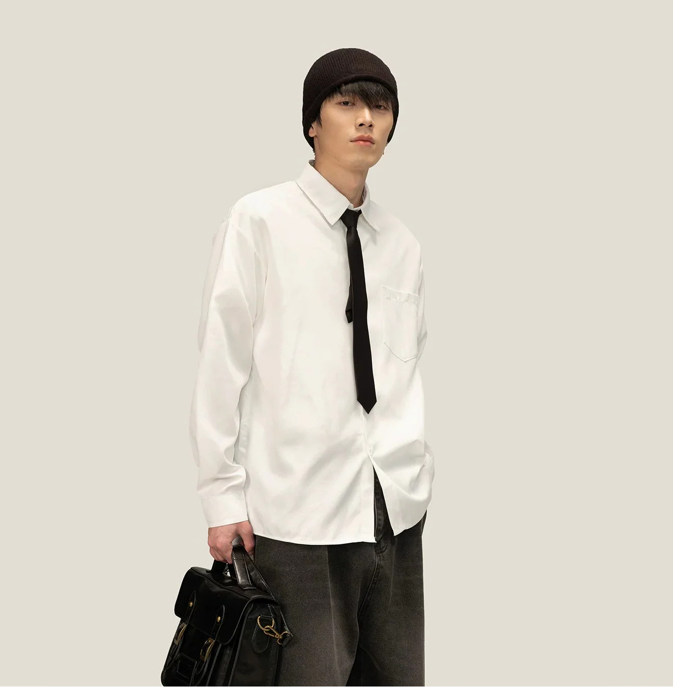 Boxy Long Sleeve Button-Up Shirt with Detachable Tie
