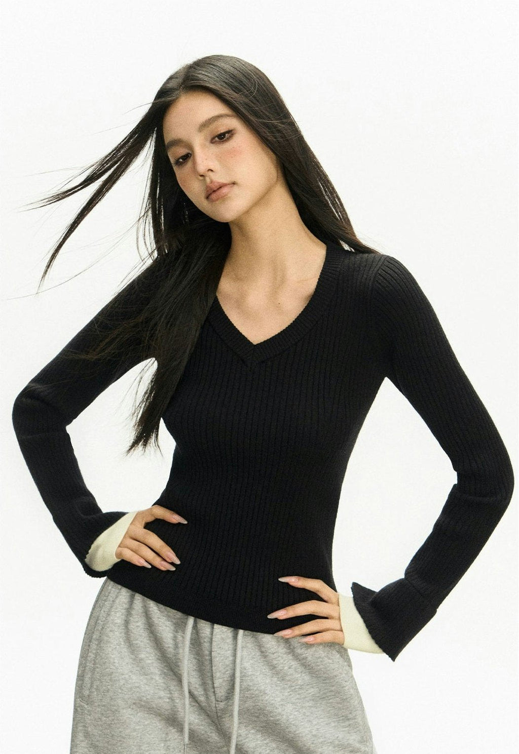 Ribbed V-Neck Two Tone Long Sleeve Knit Top