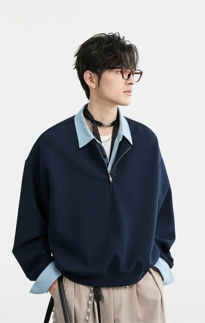 Half Zip Mock Two-Piece Layered Pullover Sweatshirt