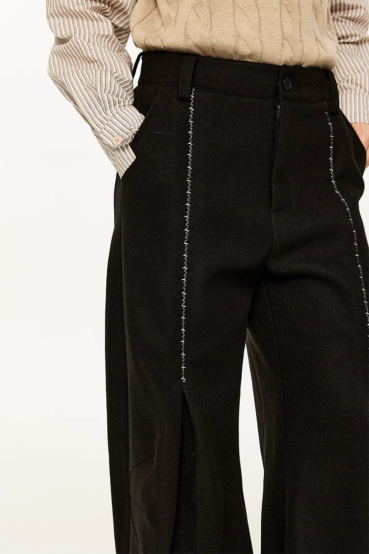 Wide Leg Half-Pleated and Half Contrast Stitch Trousers