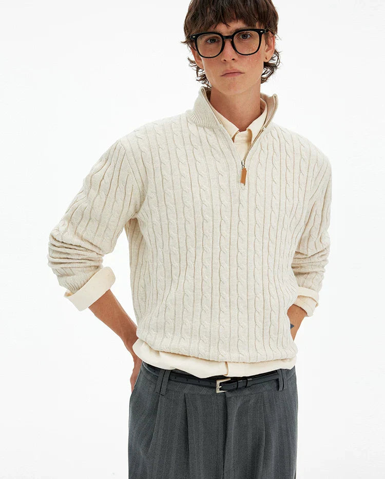 Cable Knit Quarter Zip Pullover with Contrast Zip